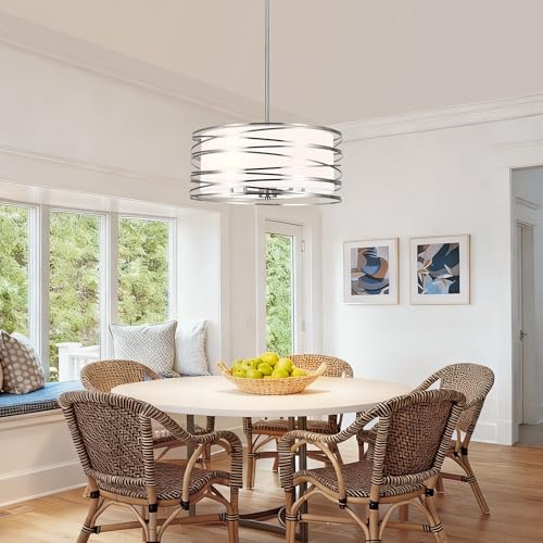 ACNKTZ 19.7'' Brushed Nickel Drum Chandeliers for Dining Room, 5-Lights Kitchen Chandeliers Over Table, Entryway Light Fixture Hanging, Industrial Round Chandelier for Living Room Stairwell Bedroom - color: Brushed Nickel, size: 19.7"/5-Light