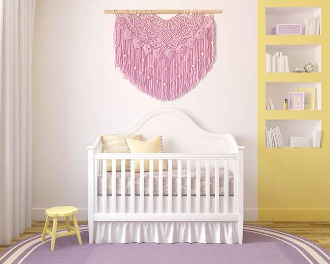 Youngeast Large Macrame Wall Hanging Boho Beaded Curtain for Window Macrame Bedroom Headboard Living Room Wall Art Tassel Tapestry Bohemian Woven Wall Decor 31" W X 25" H (Pink)