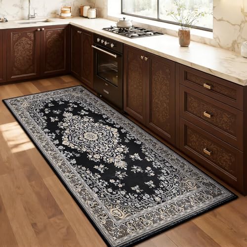 HOMORE Vintage Runner Rug-2x5 Hallway Runner Rug for Entryway Non Slip Washable Bedroom Rug Faux Wool Low Pile Floor Carpet Runner for Kitchen Indoor Front Entrance Laundry Living Room Dorm, Black - color: Black, size: 2' x 5' (Rectangular)