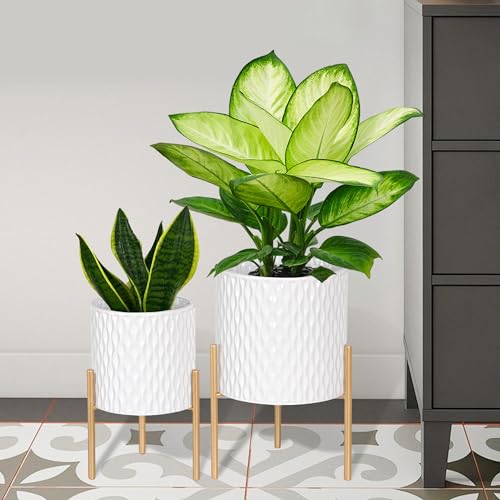 ARNIS Plants Pots with Stand, Set of 2 P lanters, Unique Mid Century Decorative Metal Flower Pots with Drainage, 8.25 & 10.5 Inch, White and Gold - color: Glossy White, size: 8.25 &10.5