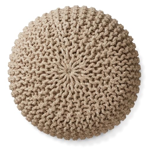 Casafield Round Pouf Ottoman, Beige Ivory - 20" Diameter x 14.5" High Cotton Knit Foot Stool - Boho Floor Pouffe for Living Room, Bedroom, Home Office - color: Beige Ivory, size: 20"D x 20"W x 14.5"H