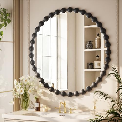 Easly Round Mirror for Wall, 32 Inch Black Beaded Frame Decorative Vanity Mirror, Circle Bathroom Mirror with High-Definition Lense, Modern Wall Decor for Bathroom, Living Room, Bedroom, Entryway - color: Black, size: 32"L x 32"W
