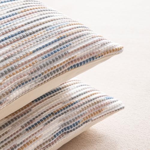 Boho Couch Throw Pillow Covers 18x18 Inch Set of 2 Grey Blue Striped Decorative Pillow Covers Chenille Accent Pillowcase Farmhouse Cushion Covers for Home Decor Sofa Living Room Bedroom - color: Blue Grey Striped