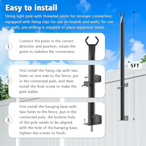 SINLEY 2 Pack 5Ft String Light Poles,Light Poles for Outside String Lights,Outdoor Light Poles with Fork,Metal Pole Stand for Patio,Backyard,Deck - style: 2 Pack 5Ft