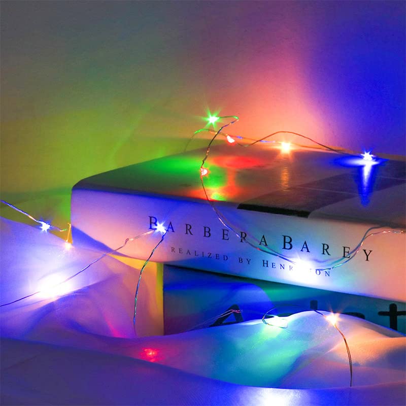 BXROIU 2 x Fairy Lights Battery Operated, Silver Wire Chains 8 Mode 5M 50 LEDs Timer String Lights with Remote Control for Bedroom Christmas Party Wedding Decoration (Multicolor) - color: 2Pack(3AA,not included)Multicolor