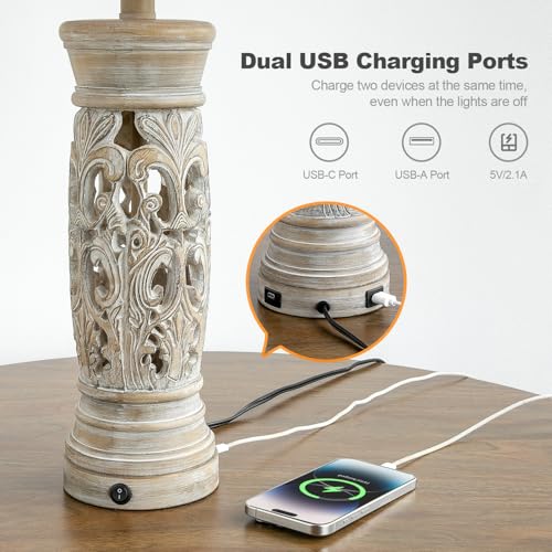 BOBOMOMO 27.25” Rustic Farmhouse Table Lamps Set of 2 – Vintage Bedside Lamps with Night Light & USB A+C Ports, Retro Lamps for Bedroom, Living Room, Entryway, Cozy Corner (Bulbs Included) - color: Distressed Light Wood