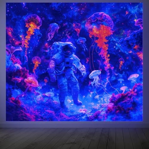 CRAFTYMELODY Astronaut Blacklight Tapestry Glow in the Dark Tapestry UV Reactive Colorful Jellyfish Wall Hanging 59×51 Inch with Hook Self Adhesive Sticker Clip for Bedroom Home Wall Decoration - color: Jellyfish Astronaut