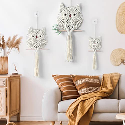 MVSUTA Owl Ivory Cotton Handmade Macrame Wall Hanging Tapestry Home Decor Art Cream Craft Wonderful Decoration Woven Beige Boho Ornament for Office Bedroom Apartment Living Nursery Gallery,3pcs - color: Ivory, size: 3pcs set:1pc L & 1pc M & 1pc S