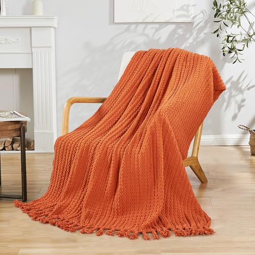 Striped Knit Throw Blanket with Braided Tassels 50" x 60", Hand Knitted Soft Chunky Chain Design Boho Farmhouse Blanket, Solid Color Tassel Decor Throw for Couch Bed Sofa Outdoor, Burnt Orange - color: Burnt Orange