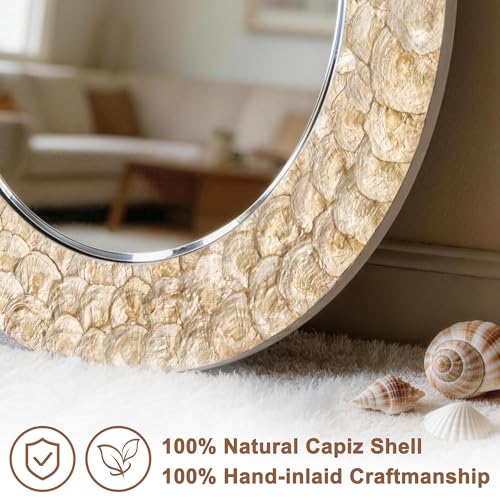 Round Shell Wall Mirror, 30'' Handmade Natural Capiz Shell Gold Framed Decorative Wall Mount Mirrors, Coastal Boho Circular Accent Mirror for Bathroom Bedroom Entryway Home Wall Decor - color: Gold, size: 30"L x 30"W