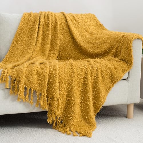 Winter Knit Throw Blanket Fluffy Fuzzy Soft Lightweight Cozy Farmhouse Tassels Chunky Knitted Throws for Couch Sofa Bed (Mustard Yellow, 50"x60") - color: Mustard Yellow, size: 50"x60"