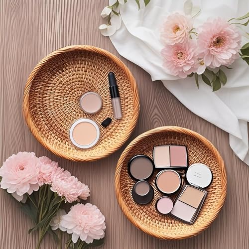 2pcs Small Round Rattan Woven Keys Basket,7.5" Rattan Wicker Round Bowls for Organizing Keys Cell Phone and Table Accessory,Tabletop Fruit Serving Baskets for Nuts Cracker Candy - size: 7.5"*2