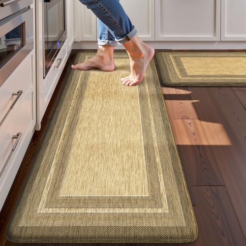 KIMODE Anti Fatigue Kitchen Mats for Floor, Farmhouse Kitchen Rugs Sets of 2, Cushioned Kitchen Floor Mats, Brown/Khaki Laundry Room Mat, Comfort Standing Mat for Sink Office Desk 17"x47"+17"x29" - color: Brown/Khaki, size: 17.3" x 47 "+ 17.3" x 29 "--0.4