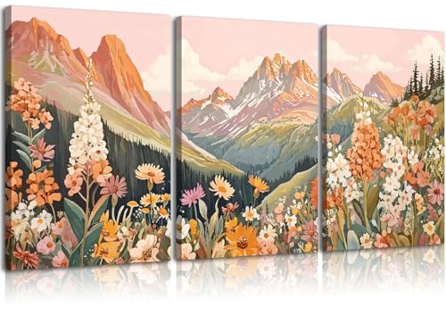 3Pcs Boho Mountain Canvas Wall Art Vintage Wildflower Mountains Poster Prints Abstract Nature Landscape Picture Nature Botanical Paintings Artwork Wall Decor for Living Room Bedroom 16x24in Framed - color: Wildflowers, size: 24"L x 16"W