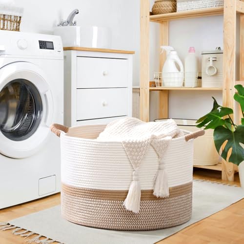 67L Large Blanket Basket, 20"x13" Woven Storage Baskets With Handle, Cotton Rope Blanket Basket Living Room, Baby Laundry hamper for Blanket, Nursery, Toy, Pillow (White & Brown) - color: White & Brown, size: 67L
