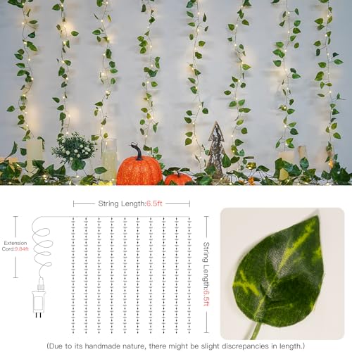 suddus 200 LED Vine with Light Plug in, 6.5ft x 6.5ft Pothos Fairy Curtain Lights with Remote, Leaf Fairy Lights for Wall,Bedroom, Dorm, Wedding, Party, Indoor Decor(Warm White) - color: Pothos, size: Plug In-200led