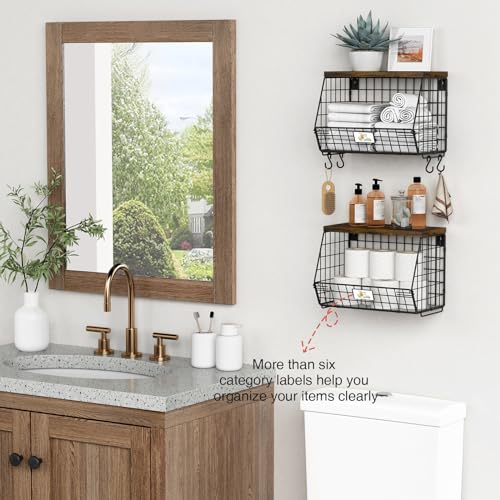 Goozii Hanging Wall Fruit Basket for Kitchen Counter 2 Pack, Stackable Wire Baskets for Organizing with Wood Lid, Potato and Onion Storage Bin with Banana Hook for Vegetable Produce, Black + Rustic - color: Black + Rustic Wood
