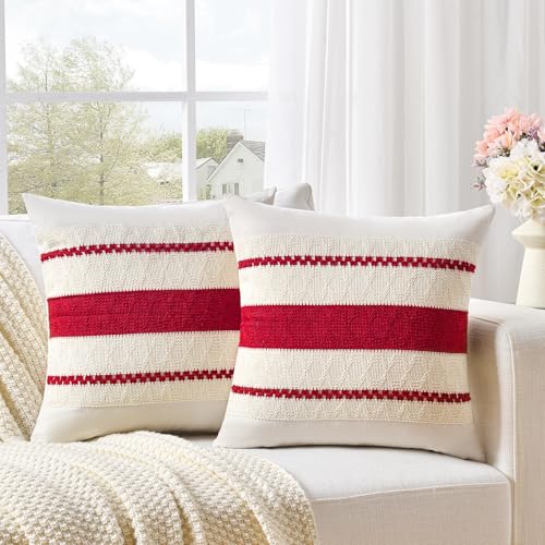 Fancy Homi Set of 1 Boho Red Decorative Throw Pillow Cover 16x16 Inch for Couch Bed Sofa, Aesthetic Modern Organic Farmhouse Home Decor, Soft Cotton Cute Accent Macrame Woven Cushion Case - color: Red, size: 16" x 16" (Pack of 1)