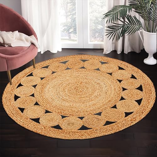 Hand Woven Braided Jute Rug - 3' Round - Reversible Farmhouse Rugs for Living Room, Bedroom, Dining Room, Kitchen - Natural Decorative Floor Circle Boho Entry Area Rugs - Round Rug 3ft - color: Natural Jute 6, size: 3' (Round)