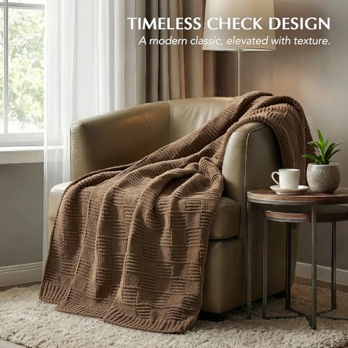EVERGRACEHOME Modern Checkered Chenille Throw Blanket, Soft Cozy Plaid Knitted Chair Blanket for Sofa Couch, Decorative Knit Throw for Bed and Living Room, Camel Brown, 50" x 60" - color: Checkered Camel Brown, size: 50" X 60"