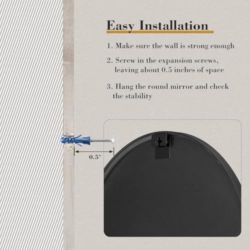 NEWBULIG 28IN Round Bathroom Wall Mirror, Modern Vanity Mirrors for Over Sink, HD Glass Decorative for Entryway, Bedroom & Living Room, Anti-Rust, Tempered Glass, Hanging or Leaning, Black - color: Black, size: 28"L x 28"W