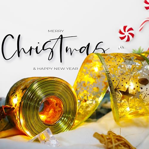 Christmas Ribbon Fairy Lights 33Ft 100 LED String Lights Battery Operated 2In Gold Foil Ribbon with Warm White Twinkle Firefly Lights Indoor Starry Holiday Decoration for Christmas Tree - size: Ribbon Lights