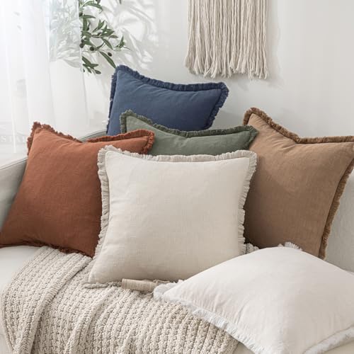 MIULEE Decorative Throw Pillow Covers Neutral Linen Fringe Throw Pillows Set of 2 Brick Boho Farmhouse Cushion Covers with Tassels for Couch Sofa Bed Living Room Spring Home Decor 18x18 Inch - color: Brick, size: 18" x 18" (Pack of 2)