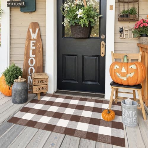 KIMODE Fall Decor Front Door Mat Buffalo Plaid Outdoor Rug 27.5"x43" Brown and White Checkered Rug Farmhouse Fall Thanksgiving Front Porch Rug Washable Cotton Layered Doormats Autumn Mats - color: Coffee/White, size: 2'4" x 3'7" (Rectangular)