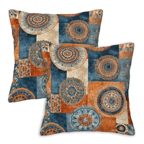 Firmiso Boho Patchwork Print Throw Pillow Covers 18x18 Set of 2 | Decorative Cushion Covers for Sofa Couch Bed | Eclectic Modern Home Decor Pillow Cases | Blue Orange Geometric Accent - color: Boho Patchwork