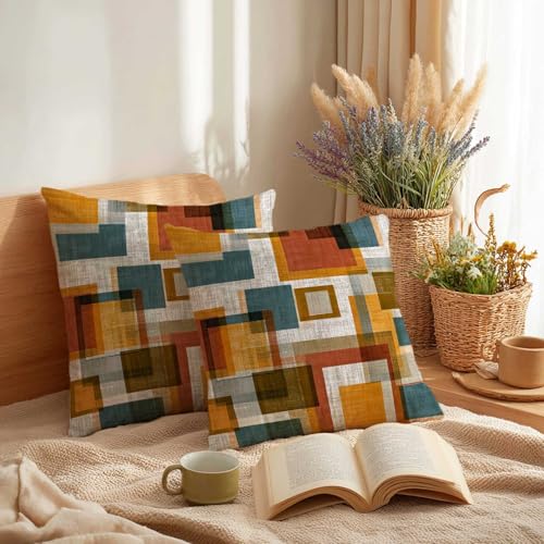 Retro Geometric Color Block Throw Pillow Covers 18x18 Inch, Set of 2 | Mid-Century Modern Square Cushion Cases for Couch Sofa Bedroom | 70s Vintage Home Decor, Decorative Pillowcases - color: Retro Geometric