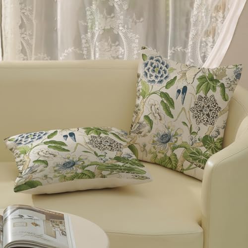 Sage Green Boho Pillow Covers 16x16 Inch 2 Pcs Blue Green Vintage Floral Bird Decor Throw Pillows Chinoiserie Flower Seasonal Outdoor Farmhouse Pillowcase Linen Cushion Cover for Couch Sofa - color: Green Blue Boho Floral Bird, size: 16" x 16" (Pack of 2)