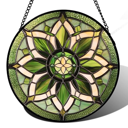 Stained Glass Window Hanging - White Green Boho Flower Suncatcher for Doors Window Home Sun Catchers Decor Christmas Mother's Day Birthday Gifts for Teacher Women Men Mom Nana 7.8 in - color: Green and White, size: 7.8x7.8 IN