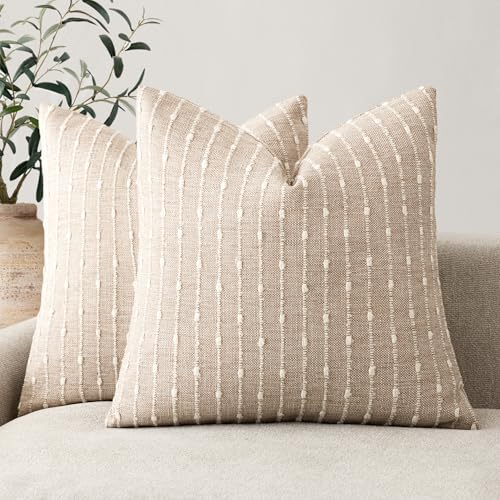 Foindtower Pack of 2 Decorative Jacquard Boucle Throw Pillow Covers Accent Textured Striped Pillowcases Soft Boho Modern Cushion for Couch Sofa Bedroom Living Room Home Decor 20x20 Inch Natural Beige - color: Natural Beige, size: 20" x 20" (Pack of 2)