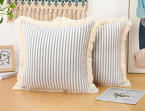 NUYECY Set of 2 Light Grey Boho Throw Pillow Covers 22 x 22,Cotton Neutral Pillow with Tassel Fringe,Decorative Pillow Cover Pillow Case Cushion Cover for Bed Sofa Couch Farmhouse Living Room - color: Stone Grey, size: 22" x 22" (Pack of 2)