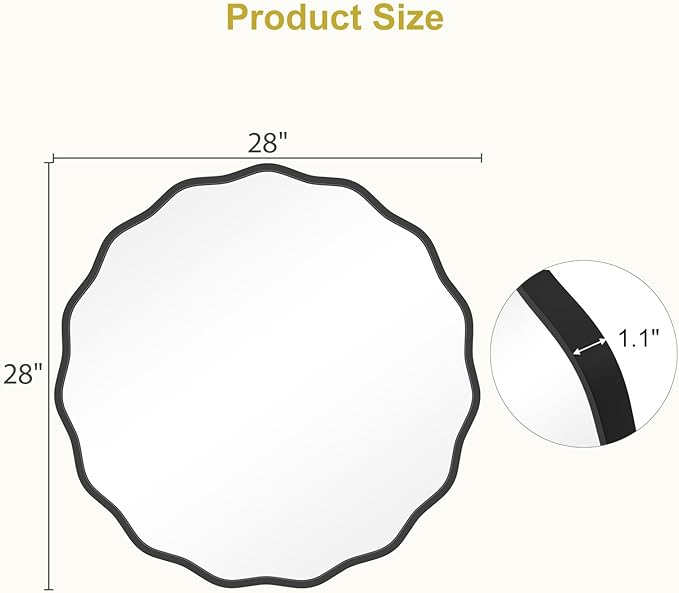 WallBeyond Round Wavy Mirror for Wall Decorative 28 inch, Modern Round Mirror Aluminum Frame for Bathroom Bedroom Living Room Home House Office Entryway, Black