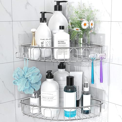 Orimade Corner Shower Caddy Stainless Steel with Hooks Wall Mounted Bathroom Shelf Storage Organizer Adhesive No Drilling 2 Pack, Silver Only for 90-Degree Corner - color: Silver