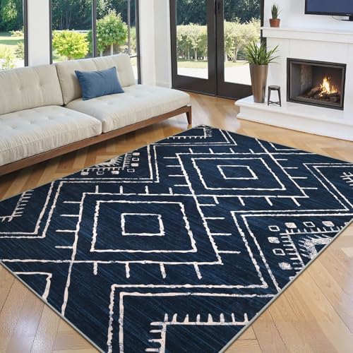 LIVEBOX Western 5x7 Area Rug, Navy Washable Rugs for Living Room Bedroom, Non Slip Moroccan Tribal Rug Low Pile Soft Geometric Boho Large Area Rugs Diamond Carpet for Dining Room Home Office Decor - color: Navy, size: 5‘ x 7'