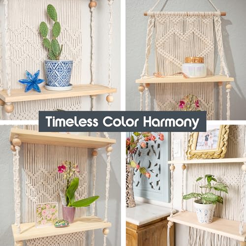 SnugLife Macrame Wall Hanging Shelf - 3 Tier Wall Plant Hanger Shelves with Handmade Woven Rope - Boho Shelves Organizer for Kitchen, Bathroom, Home Storage, Floating Plant Shelf (Pine Wood) - size: 3 Tier