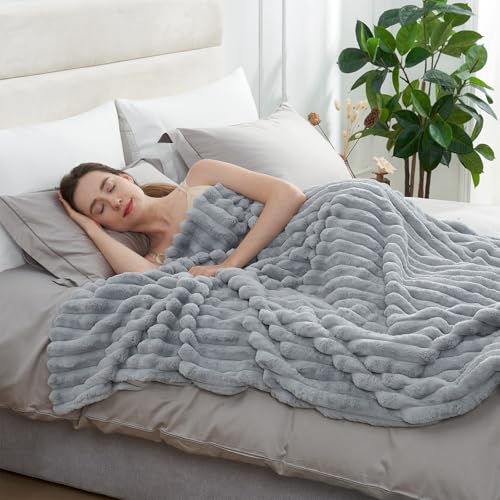 Amélie Home Faux Fur Throw Blanket for Couch, Cozy Fuzzy Fluffy Fur Luxurious Soft Striped Plush Gift Blankets for Family Sofa Chair Bedroom, 55"x70", Light Grey - color: Striped Light Gray, size: Throw(55"x70")