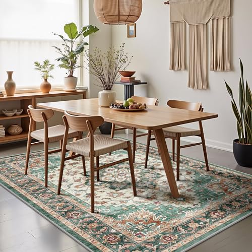 6x9 Area Rugs - Washable Rug Vintage Distress Boho Medallion Rugs for Living Room, Soft Non-Slip Backing Low Pile Carpet for Bedroom Dining Room Office Nursery Dorm Home, Green Brown - color: B-green Brown, size: 6' x 9' (Rectangular)