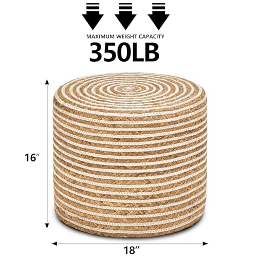 Wimarsbon 2Pcs Pouf Ottomans, Natural Seagrass Foot Stool, Hand Weaving Round Ottoman, Boho Decorative Seat, Jute Braided Pouffe Poof Accent Sitting Footrest for Living Room (18inch 68LI) - color: 18inch Water Hyacinth Braid & White Cotton