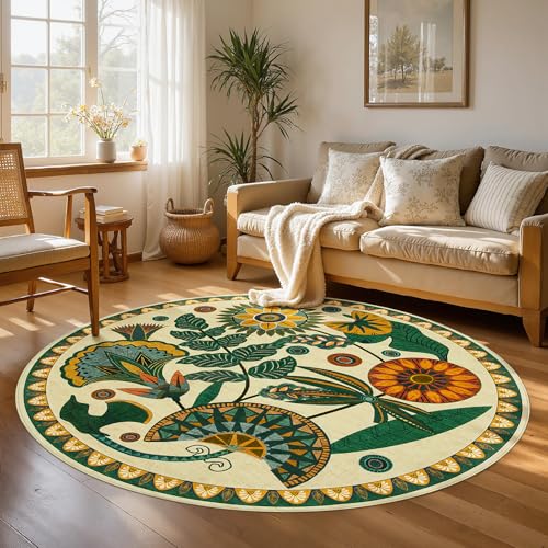 Joydeco Egypt Floral Boho Round Rugs 6FT, Washable Circle Area Rug for Bedroom Living Room Playroom, Vintage Beige Non Slip Circular Throw Carpet for Nursery Dorm Classroom Dining Room - color: Beige, size: 6' (Round)