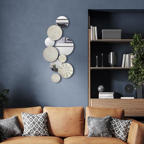 Blulu 9 Pcs White Gold Mirror Wall Decor Metal Round Home Art Decor Decorative Modern Circle Mirror Wall Art Sculpture Hanging Decorations for Home Living Room Office - color: White, Gold