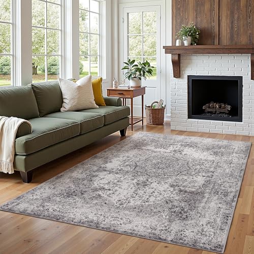 jinchan Area Rug 5x7 Washable Living Room Rug Vintage Traditional Distressed Lightweight Thin Retro Indoor Floor Cover Non Slip Floral Carpet for Bedroom Dining Room Bathroom Kitchen Office Grey - color: Vintage Grey, size: 5' x 7' (Rectangular)