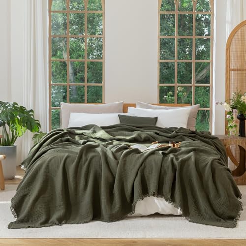 MooMee Muslin Blanket - 100% Cotton 4-Layer Gauze Throw Blanket with All-Around Fringe, Soft Breathable Lightweight Cooling Summer Blankets for Bed Couch (Olive Green,Oversize Queen 98" x 98") - color: Olive Green, size: Oversize Queen