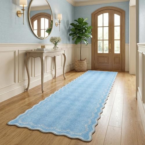 GarveeHome 2.5x8 Scalloped Washable Runner Rug for Kitchen, Soft Blue Long Hallway Runner Non Slip Entryway Rug Farmhouse Thin Laundry Mat Stain Resistant Carpet for Bathroom Beside Rug - color: Baby Blue, size: 2'6" x 8' (Rectangular)