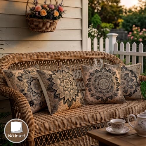 OBSEDE Vintage Black Mandala Decorative Throw Pillow Covers 18x18 Set of 4 Faux Linen Cushion Cases Single-Sided Print Retro Dark Boho Accent Pillows for Couch Sofa - color: Vintage Black Mandala