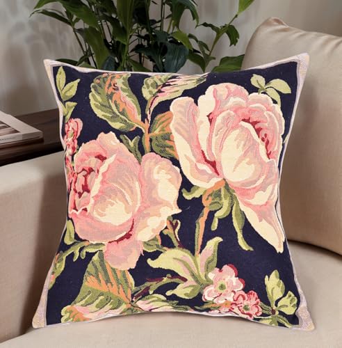 18x18 Tapestry Pillow Cover, Jacquard Woven Botanical Square Vintage Floral Double Roses Decorative Throw Pillow Sham for Couch, Victorian Accent Cushion Case (Vintage Rose Tapestry on Dark Ground) - color: Vintage Rose Tapestry on Dark Ground