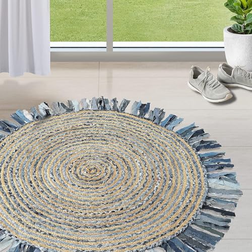 GRUHUM Jute Area Rug 6ft Round Natural Fiber Cotton Denim Blue Fringe Handmade Boho Soft Braided Rutic Vintage Eco Friendly Rug- Indoor Outdoor Kitchen Bedroom Living Hallways Enterways (6'ft Circle) - color: Denim Blue & Natural - 32, size: 6' (Round)