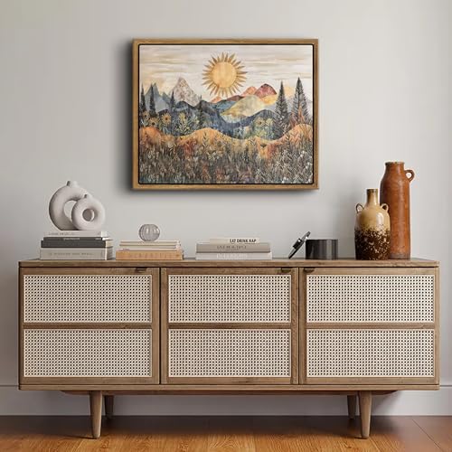 Framed Mountain Landscape Wall Art Boho Floral Sunrise Forest Canva Painting Modern Nature Wilderness Pine Tree Field Poster Rustic Wildflower Scenic Picture Decor for Living Room Bedroom 12x16 Inch - size: 12"L x 16"W